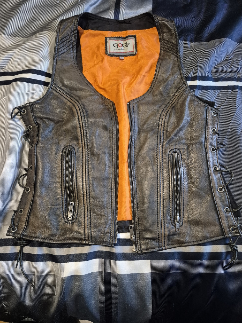 Classic Black Leather Womens Motorcycle Vest with Orange Lining
